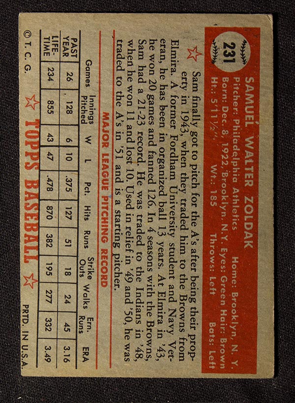 1952 Topps #231 Sam Zoldak Philadelphia Athletics - Back