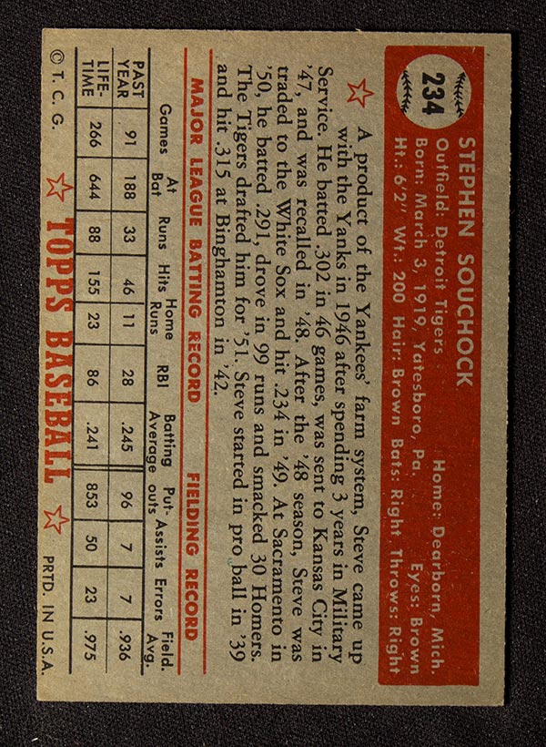 1952 Topps #234 Steve Souchock Detroit Tigers - Back