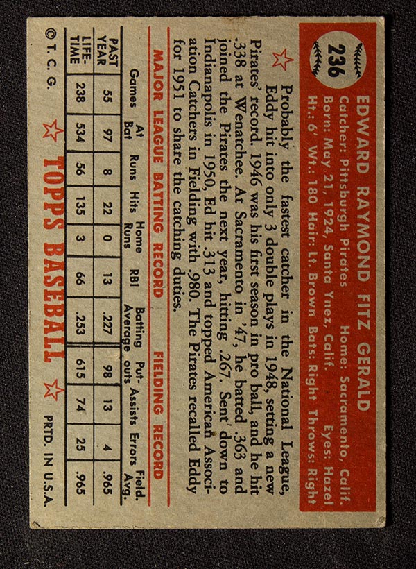 1952 Topps #236 Ed Fitzgerald Pittsburgh Pirates - Back