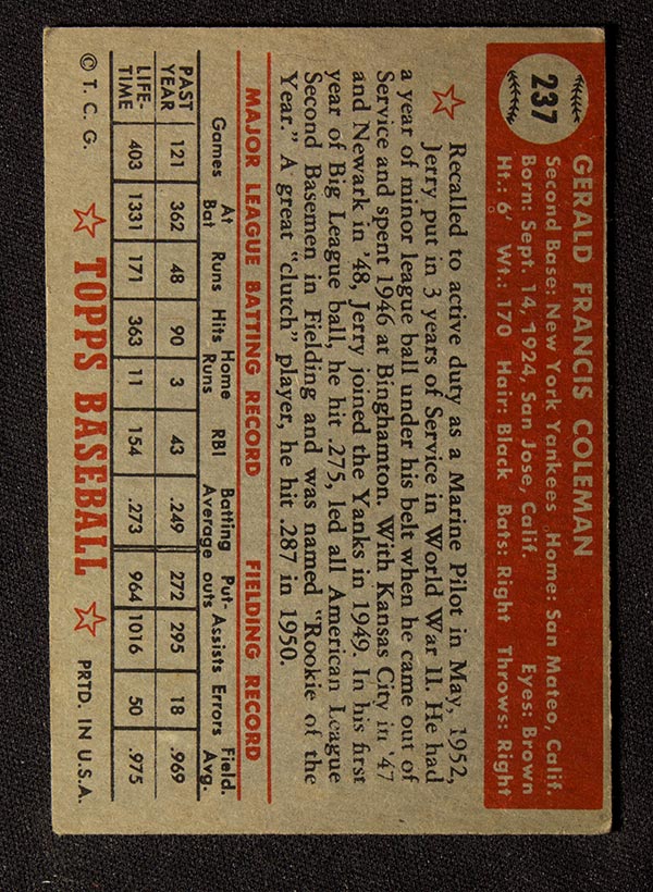 1952 Topps #237 Jerry Coleman New York Yankees - Back