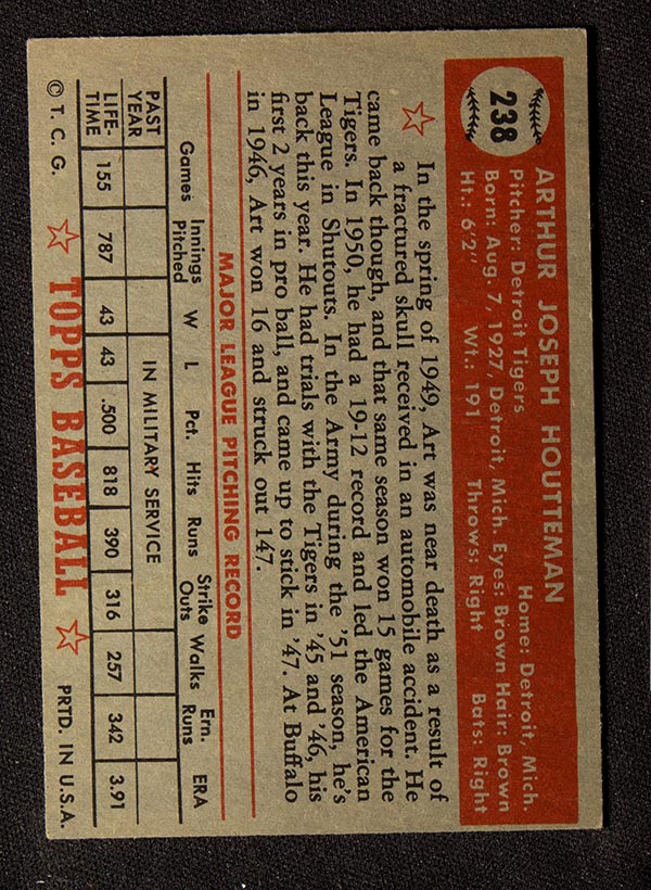 1952 Topps #238 Art Houtteman Detroit Tigers - Back