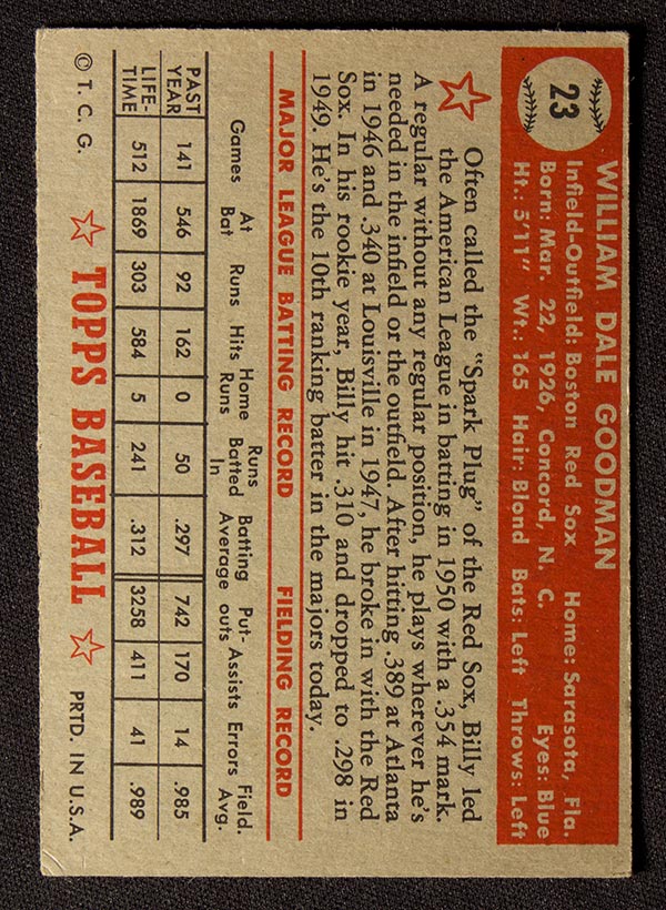 1952 Topps #23 Billy Goodman Boston Red Sox - Red Back