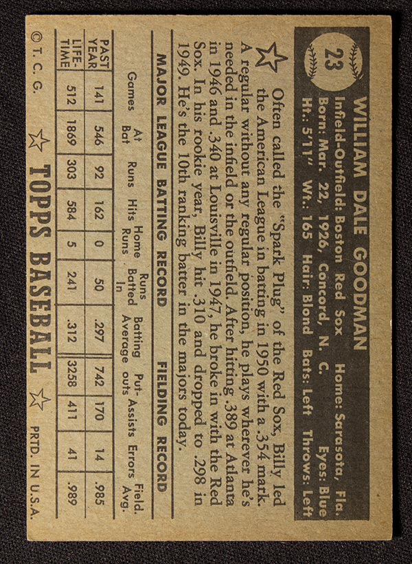 1952 Topps #23 Billy Goodman Boston Red Sox - Black Back