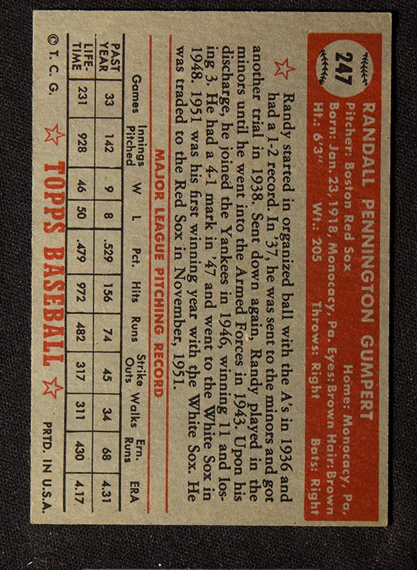 1952 Topps #247 Randy Gumpert Boston Red Sox - Back