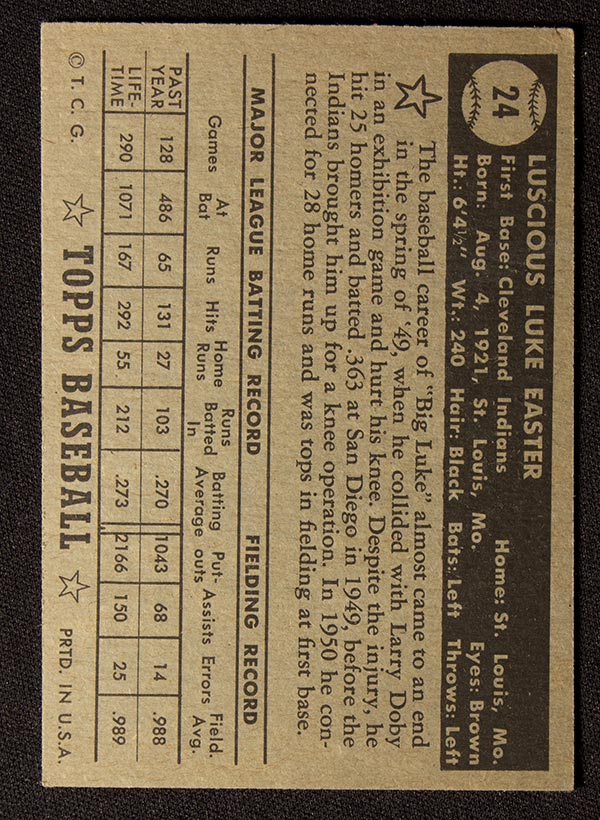 1952 Topps #24 Luke Easter Cleveland Indians - Black Back