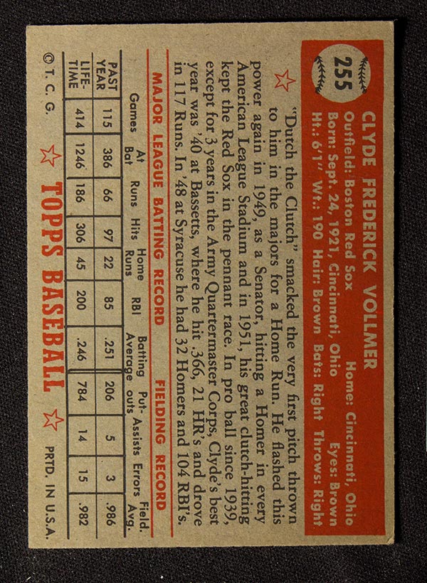 1952 Topps #255 Clyde Vollmer Boston Red Sox - Back