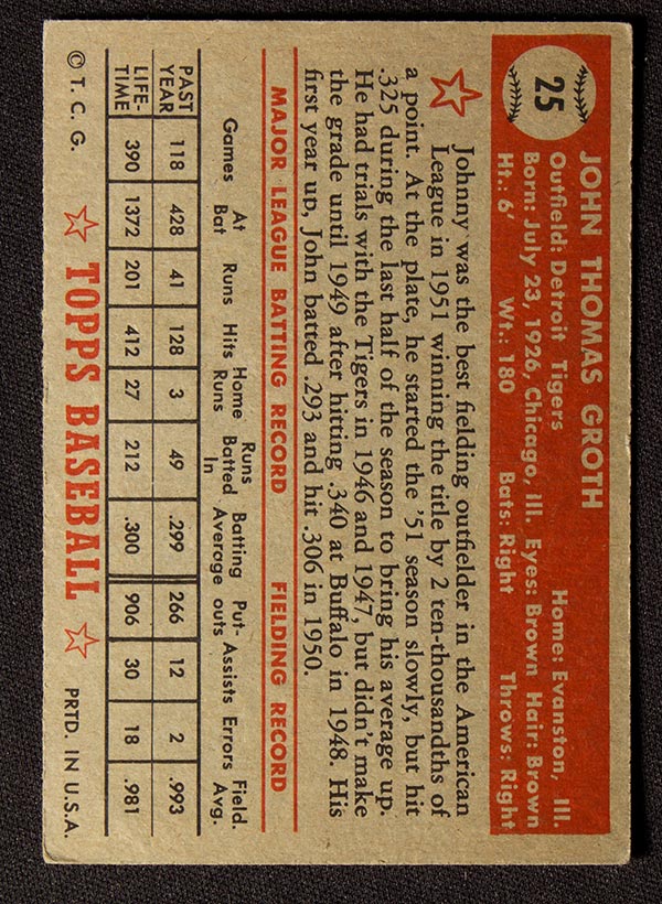 1952 Topps #25 Johnny Groth Detroit Tigers - Red Back