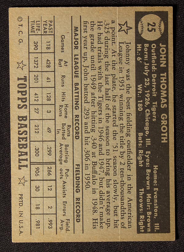 1952 Topps #25 Johnny Groth Detroit Tigers - Black Back