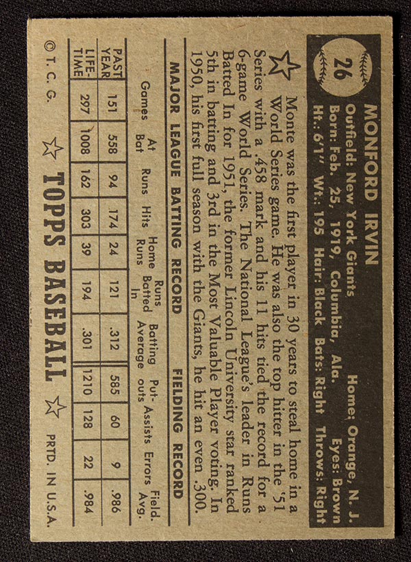 1952 Topps #26 Monty Irvin New York Giants - Black Back
