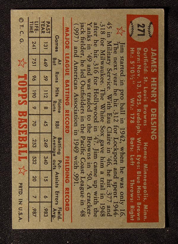 1952 Topps #271 Jim Delsing St. Louis Browns - Back