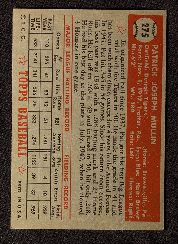 1952 Topps #275 Pat Mullin Detroit Tigers - Back