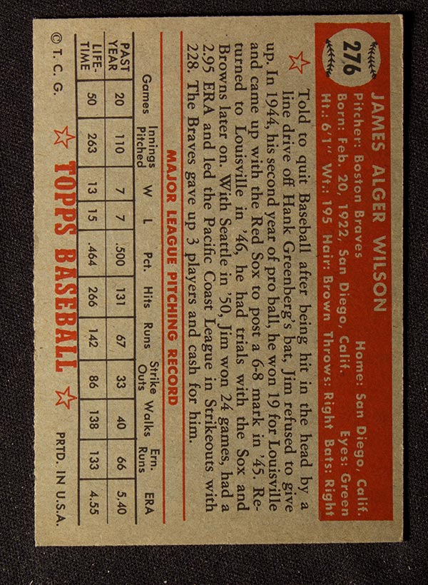 1952 Topps #276 Jim Wilson Boston Braves - Back