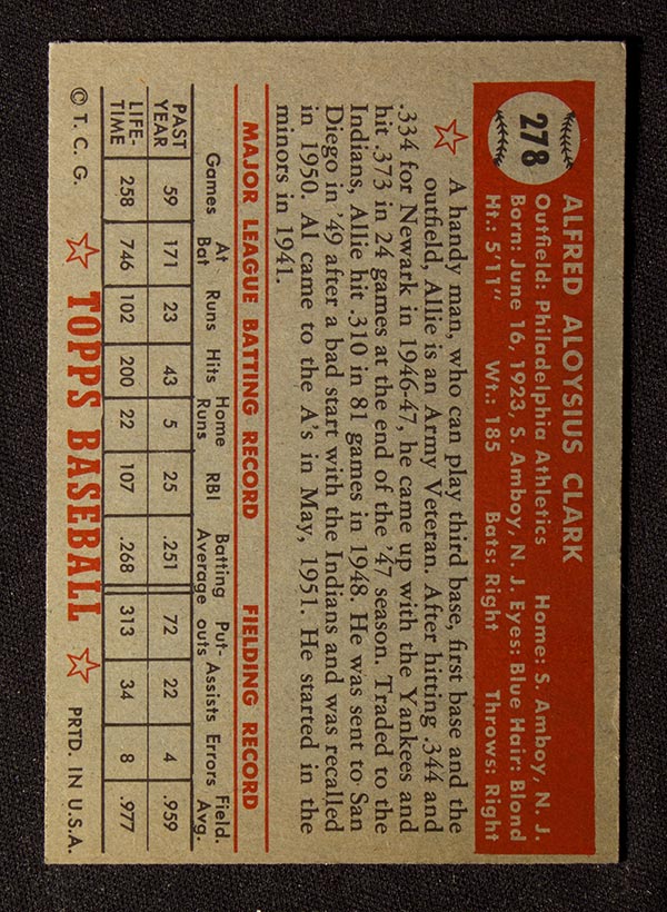 1952 Topps #278 Al Clark Philadelphia Athletics - Back