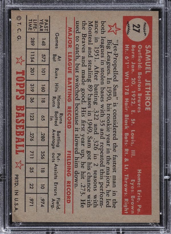 1952 Topps #27 Sam Jethroe Boston Braves - Red Back