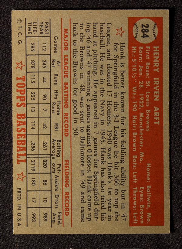 1952 Topps #284 Hank Arft St. Louis Browns - Back