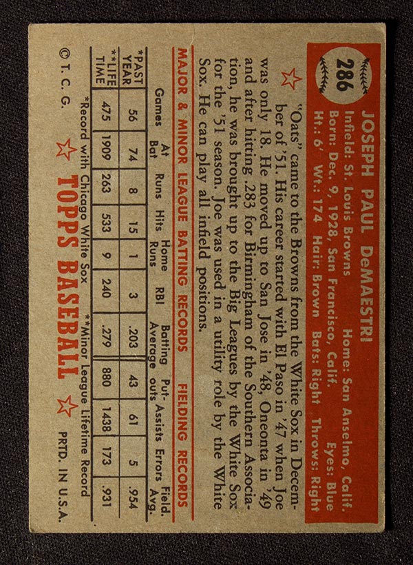 1952 Topps #286 Joe DeMaestri St. Louis Browns - Back