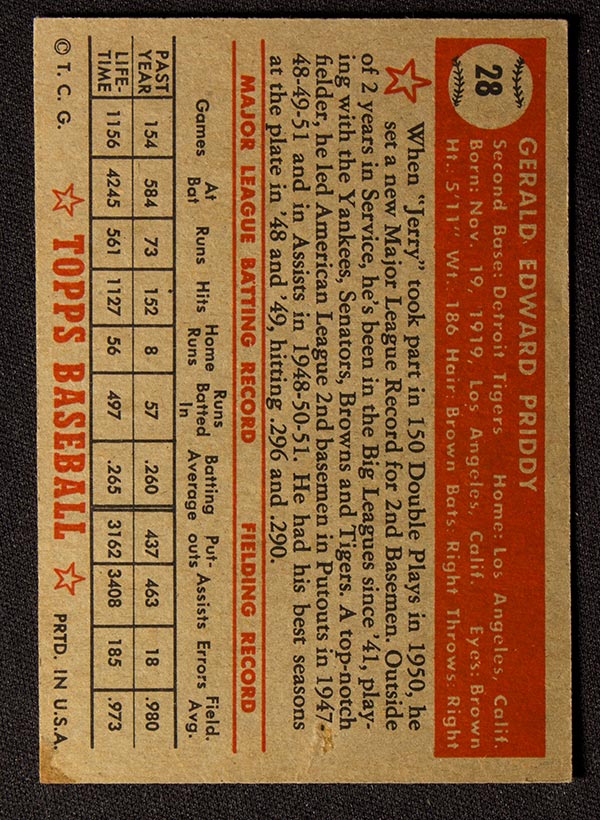 1952 Topps #28 Jerry Priddy Detroit Tigers - Red Back