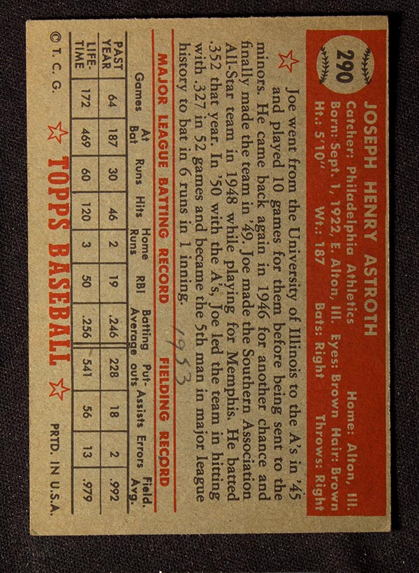 1952 Topps #290 Joe Astroth Philadelphia Athletics - Back