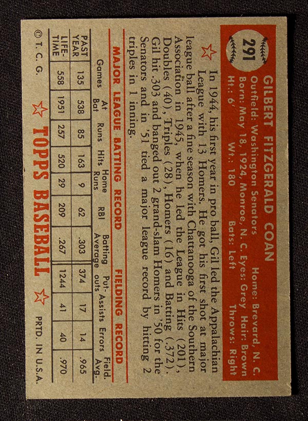 1952 Topps #291 Gil Coan Washington Senators - Back