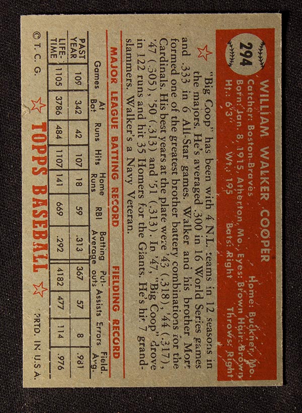 1952 Topps #294 Walker Cooper Boston Braves - Back