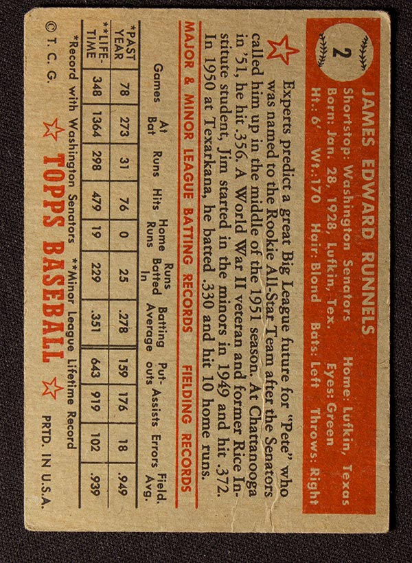 1952 Topps #2 James E. Runnels Washington Senators - Red Back