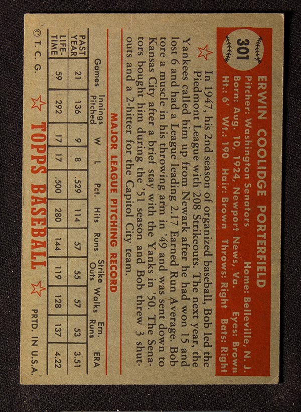 1952 Topps #301 Bob Porterfield Washington Senators - Back