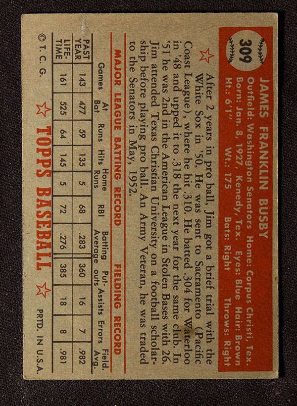 1952 Topps #309 Jim Busby Washington Senators - Back