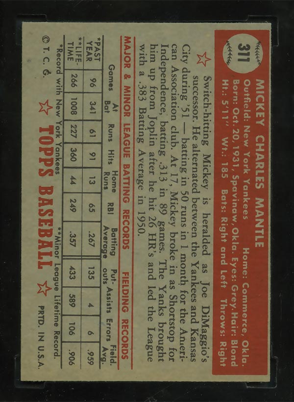 1952 Topps #311 Mickey Mantle New York Yankees - Back