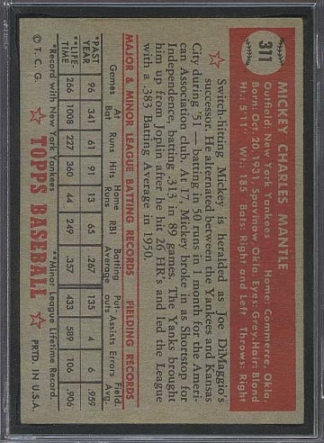 1952 Topps #311 Mickey Mantle (Type II) New York Yankees - Back