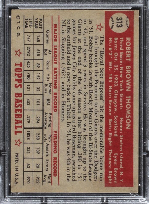 1952 Topps #313 Bobby Thomson New York Giants - Back