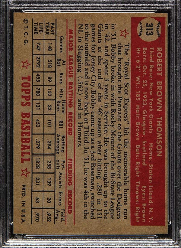 1952 Topps #313 Bobby Thomson (Type II) New York Giants - Back