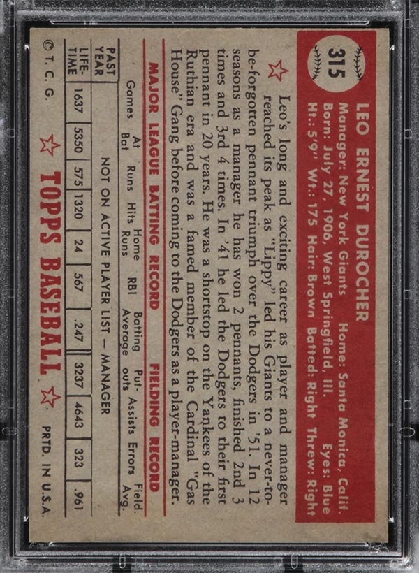 1952 Topps #315 Leo Durocher New York Giants - Back