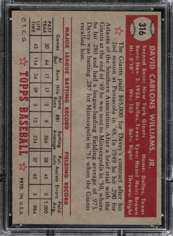 1952 Topps #316 Davey Williams New York Giants - Back