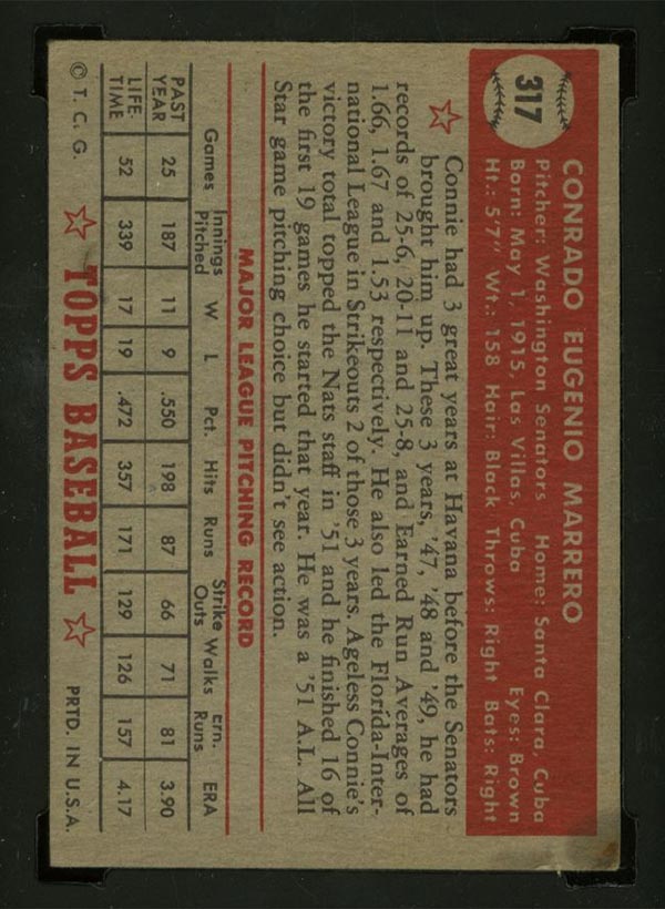 1952 Topps #317 Connie Marrero Washington Senators - Back