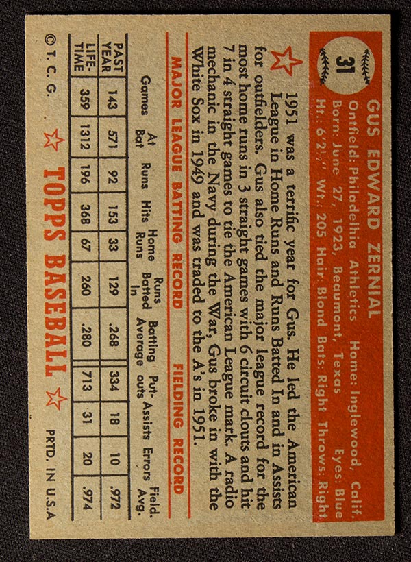 1952 Topps #31 Gus Zernial Philadelphia Athletics - Red Back