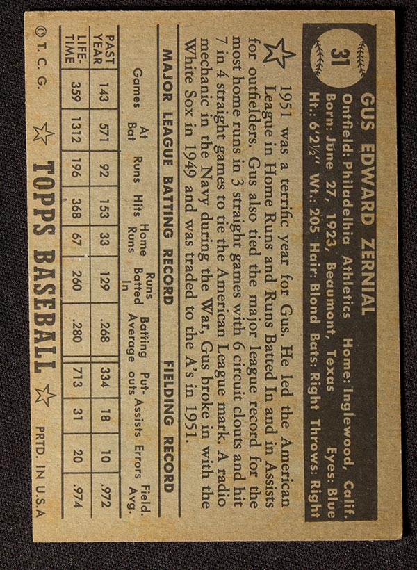 1952 Topps #31 Gus Zernial Philadelphia Athletics - Black Back