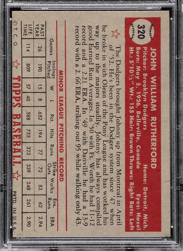 1952 Topps #320 John Rutherford Brooklyn Dodgers - Back