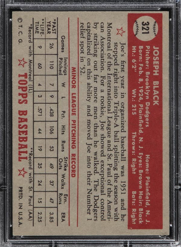 1952 Topps #321 Joe Black Brooklyn Dodgers - Back