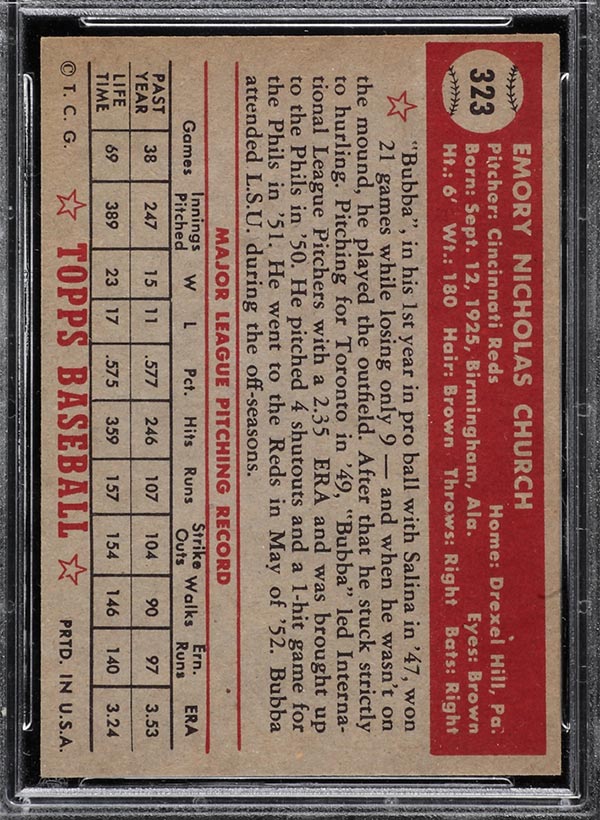 1952 Topps #323 Bubba Church Cincinnati Reds - Back