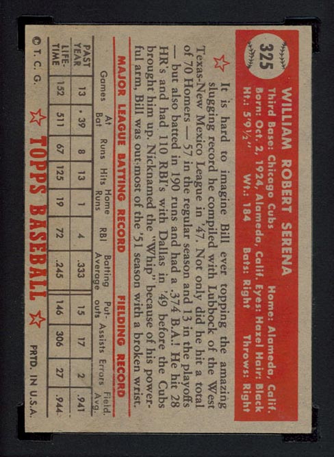 1952 Topps #325 Bill Serena Chicago Cubs - Back