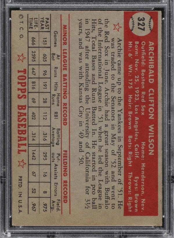 1952 Topps #327 Archie Wilson Boston Red Sox - Back