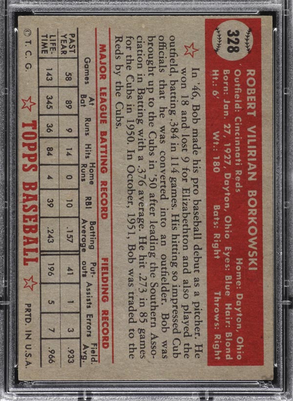 1952 Topps #328 Bob Borkowski Cincinnati Reds - Back