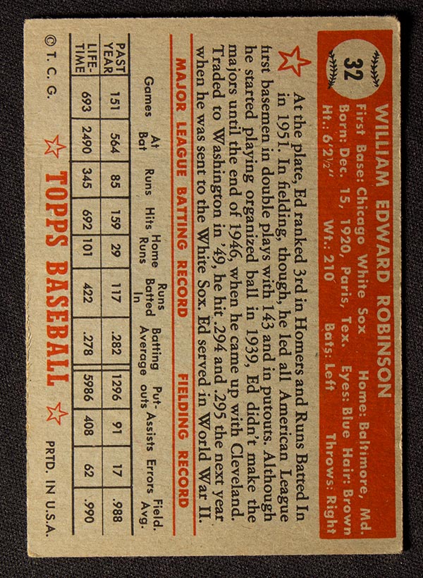 1952 Topps #32 Eddie Robinson Chicago White Sox - Red Back