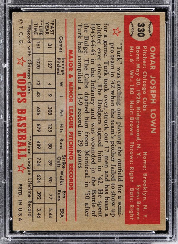 1952 Topps #330 Turk Lown Chicago Cubs - Back