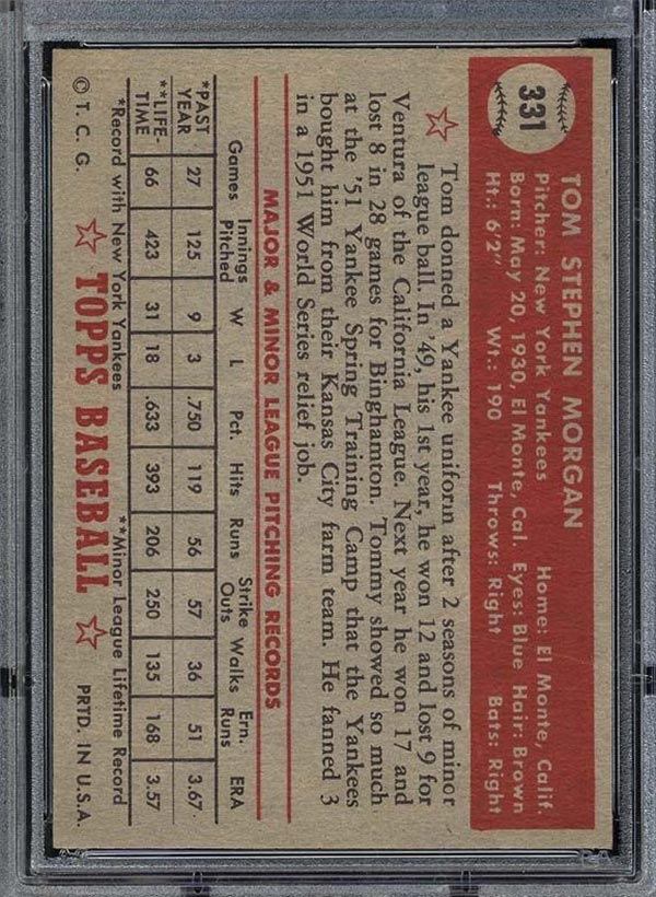 1952 Topps #331 Tom Morgan New York Yankees - Back