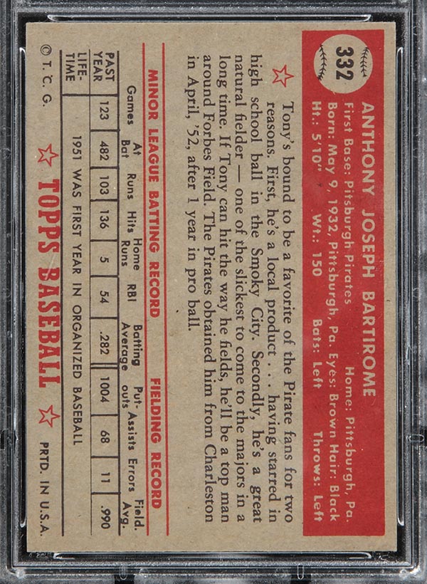 1952 Topps #332 Tony Bartirome Pittsburgh Pirates - Back