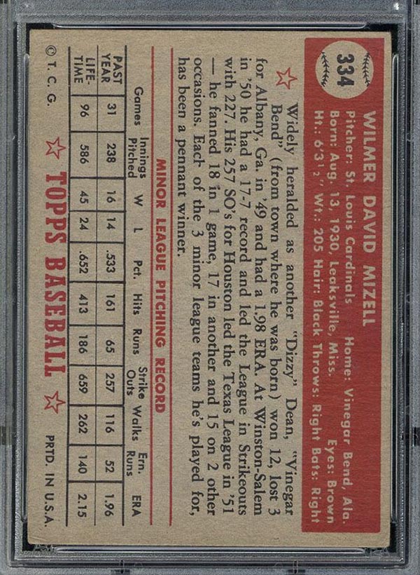 1952 Topps #334 Wilmer Mizell St. Louis Cardinals - Back