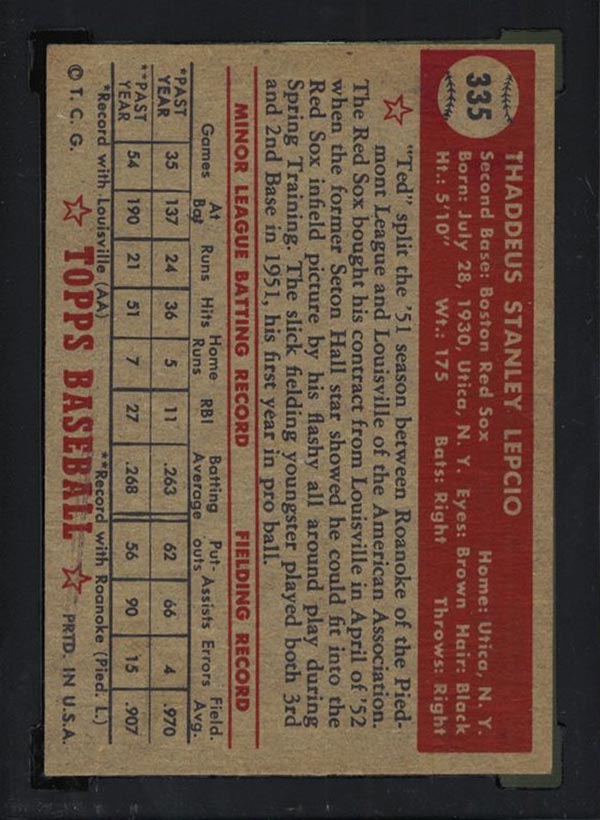 1952 Topps #335 Ted Lepcio Boston Red Sox - Back