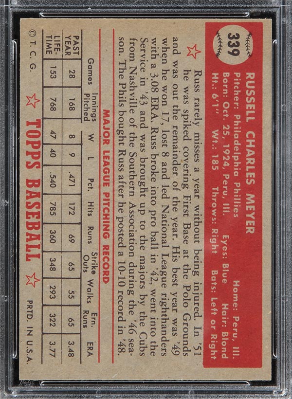 1952 Topps #339 Russ Meyer Philadelphia Phillies - Back