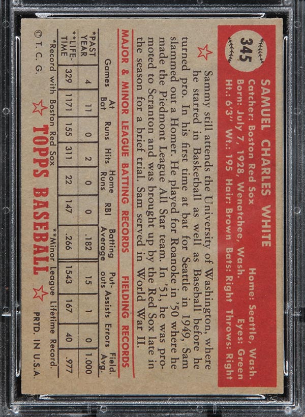 1952 Topps #345 Sam White Boston Red Sox - Back